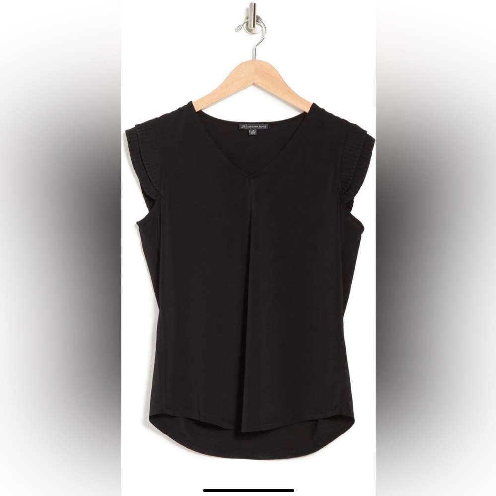 Adrianna Papell Pleated Sleeve V-Neck Top Black Size Small NWT